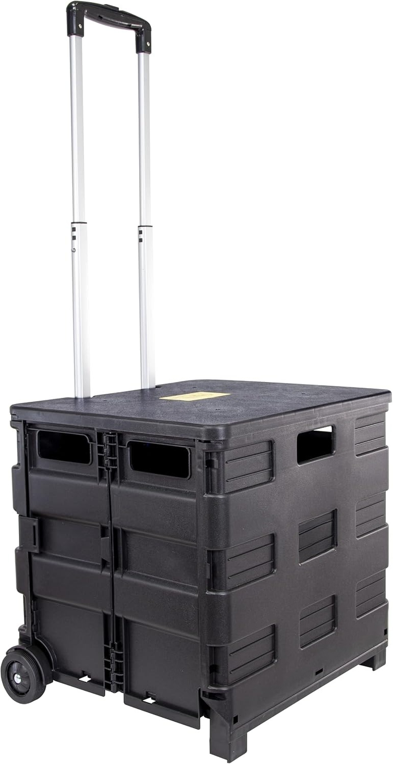 Office Supply Cart - Black Heavy Plastic Collapsible Rolling Crate