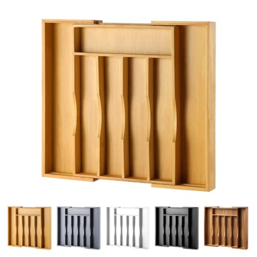 Drawer Organizer Tray - Expandable Bamboo Kitchen Drawer Organizer for